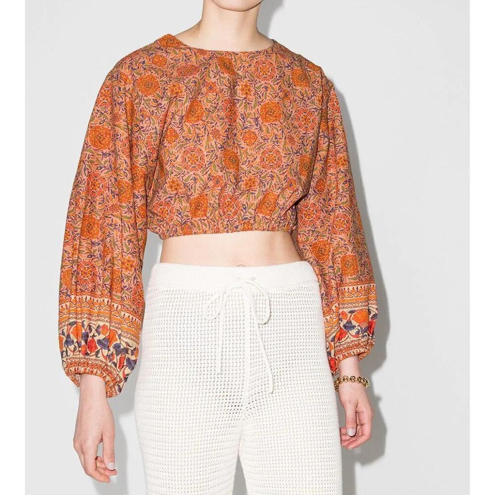 NEW Rachel Zoe Crop Top Linen Petra Printed Long Puff‎ Sleeves Blouse S
